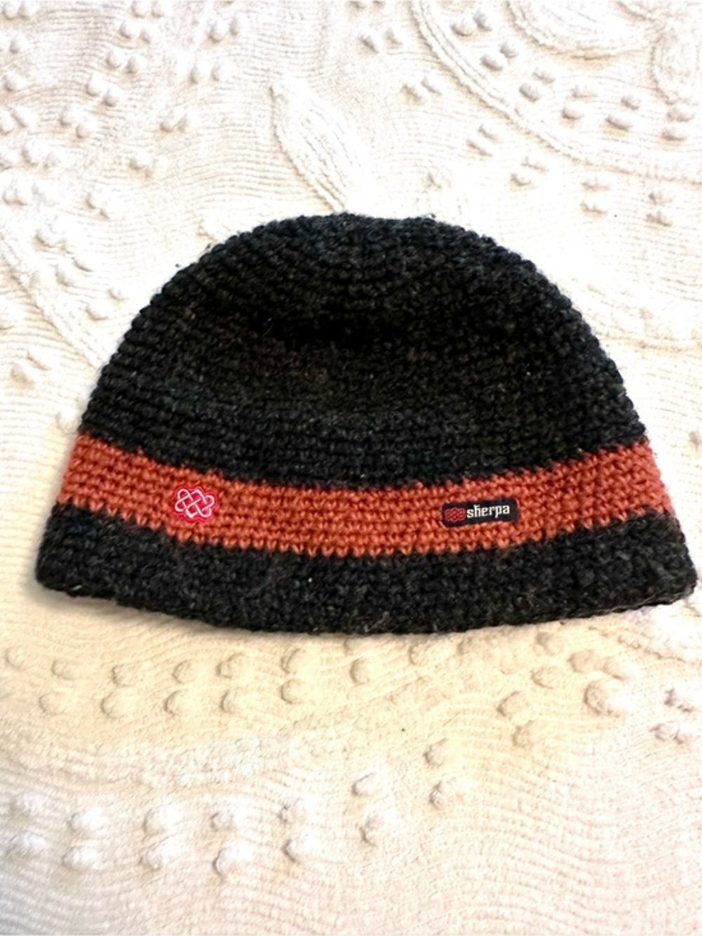 Sherpa Lambs Wool Black Beanie with Rust Accent Stripe